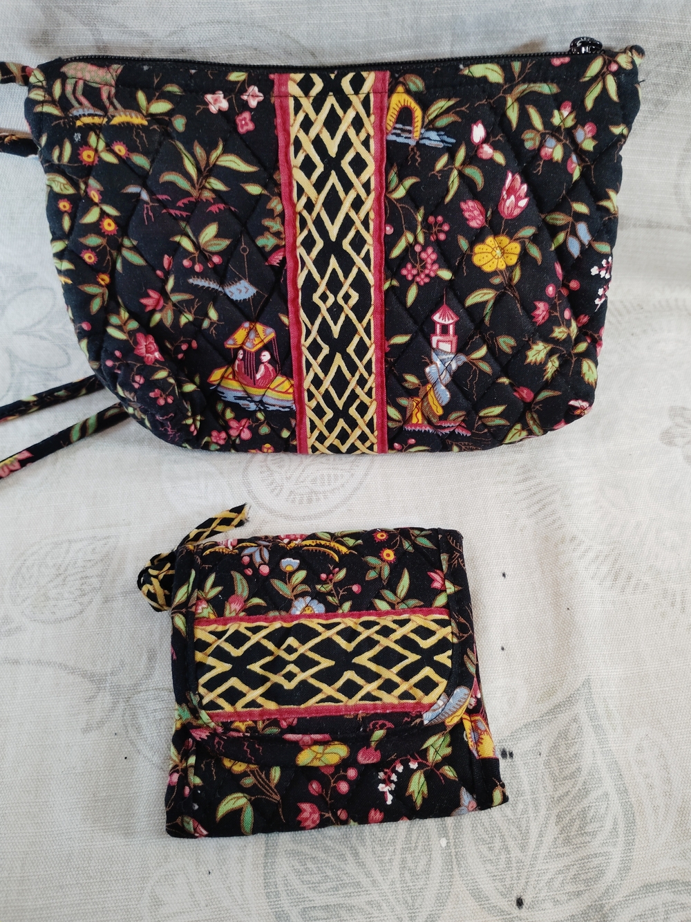 Vera Bradley Black Quilted Crossbody and Wristlet Set with Floral Print